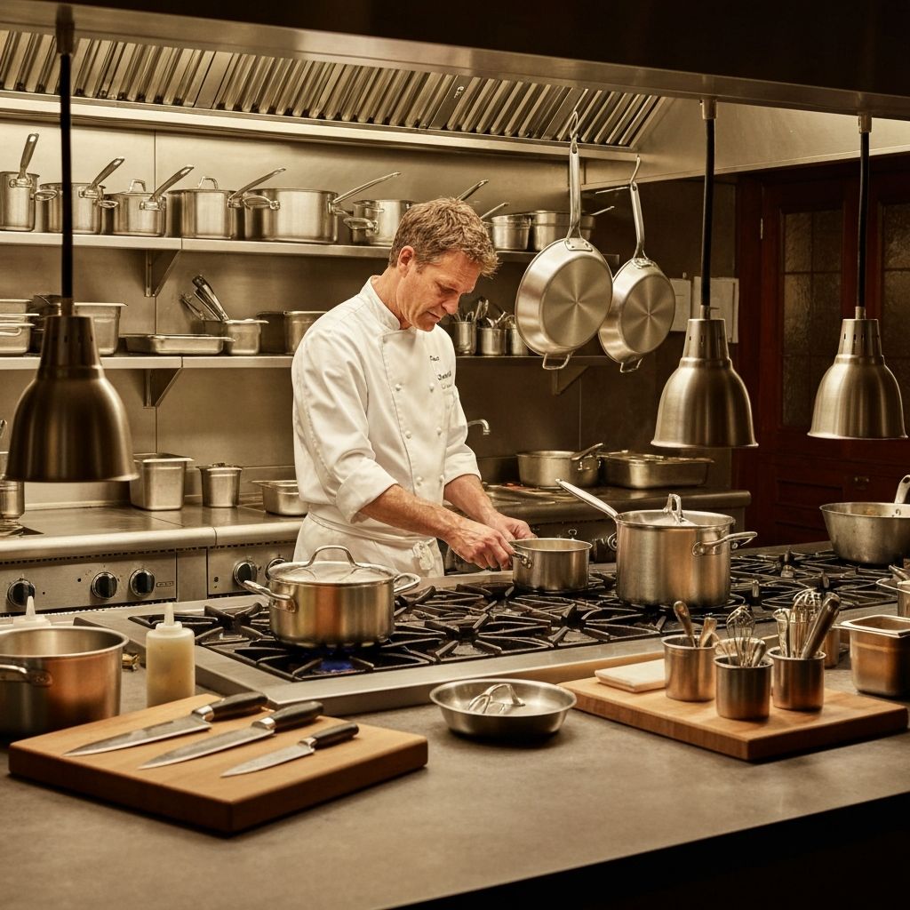 Chef Wolfgang Puck in professional kitchen with premium cookware