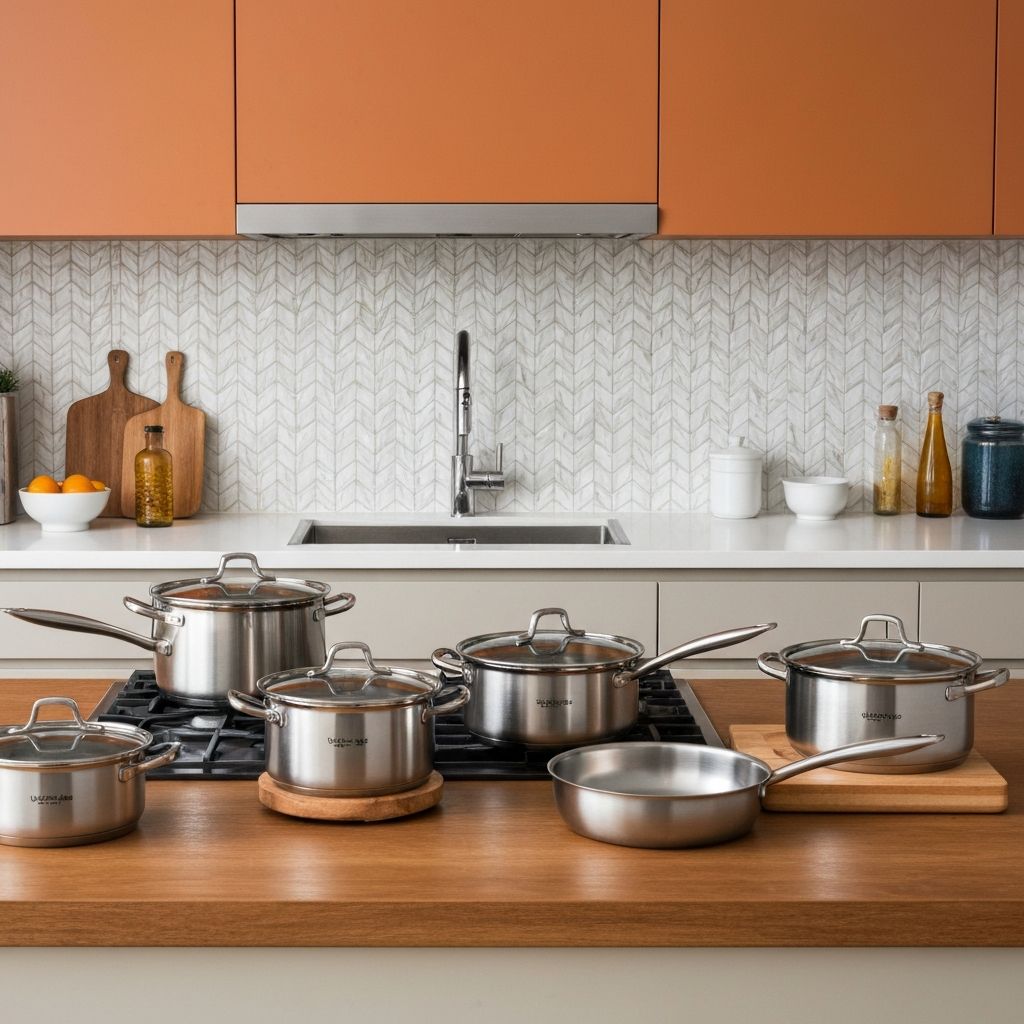 Wolfgang Puck stainless steel cookware set in modern kitchen